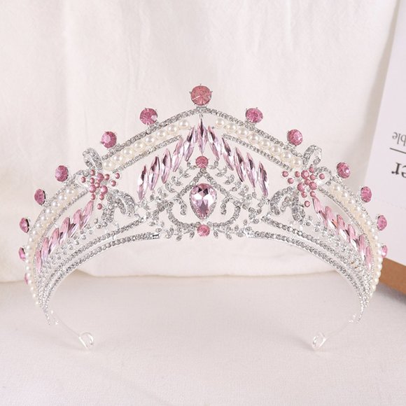 Accessories - Princess Pink Crown, Silver Crystal Tiara, Pageant, Cosplay, Prom, Birthday Gift